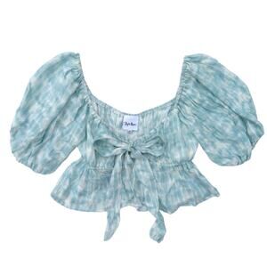 Sky to Moon Tie Dye Crop Top Puff Sleeve Babydoll Blouse Blue White M NWOT